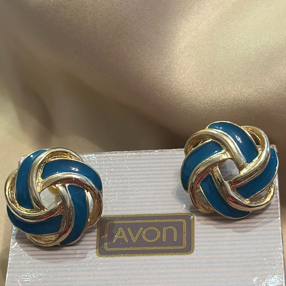 AVON Pierced Earrings Swirl design in Gold Metal & Turquoise Enamel/EUC-1”